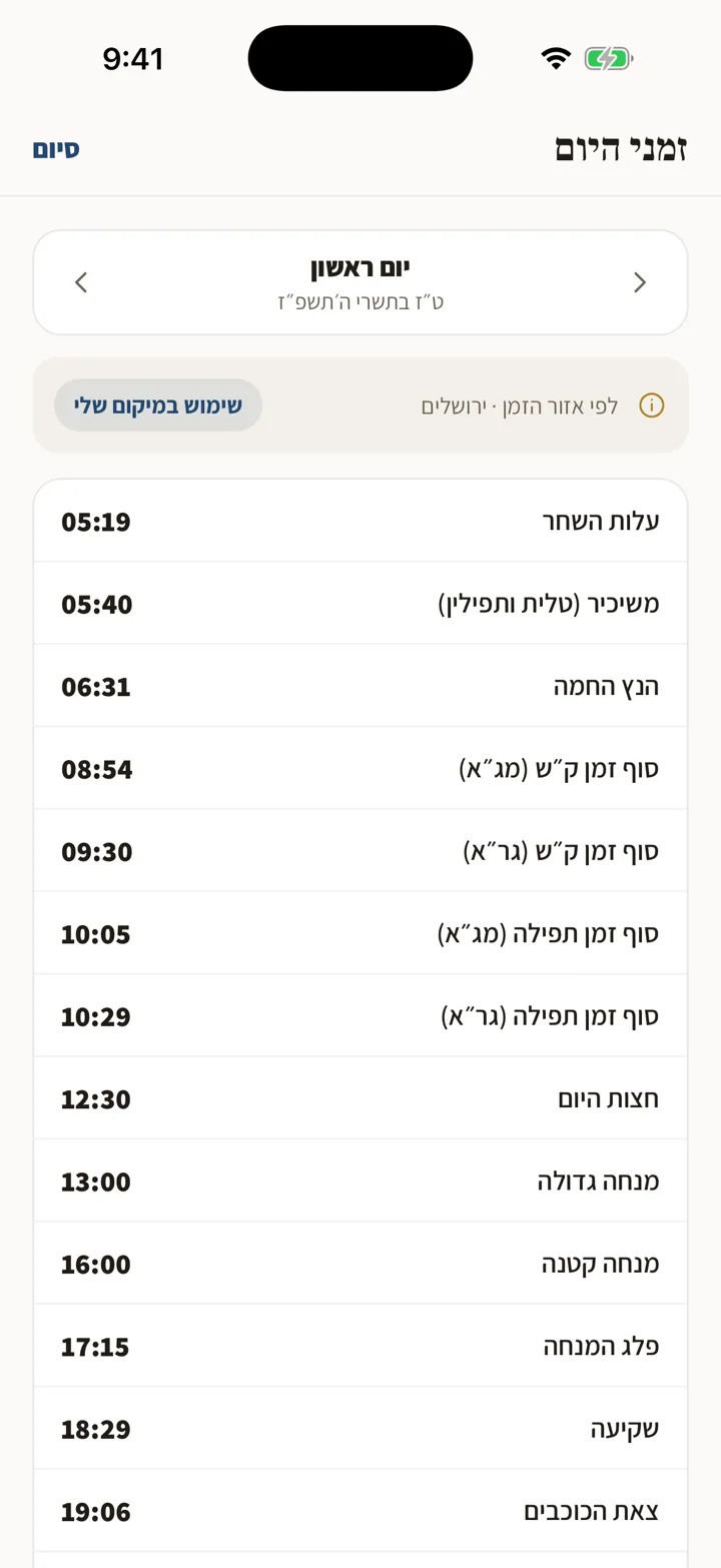 Zmanim for the day, from alos to tzeis